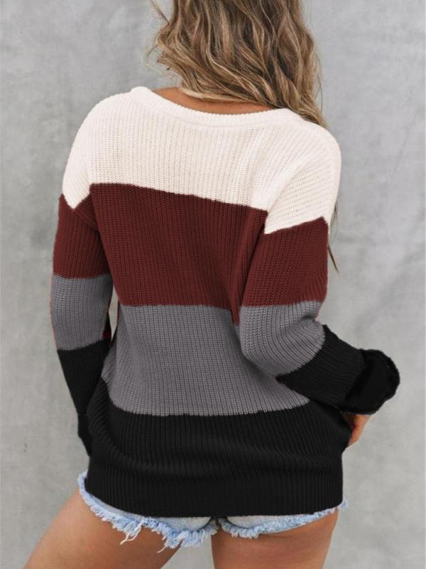 Women's Colorblock Patchwork Round Neck Sweater, Fall Outfits, Casual Drop Shoulder Long Sleeve Jumper, Ladies Fall & Winter Knitwear for Daily Wear, Womenswear