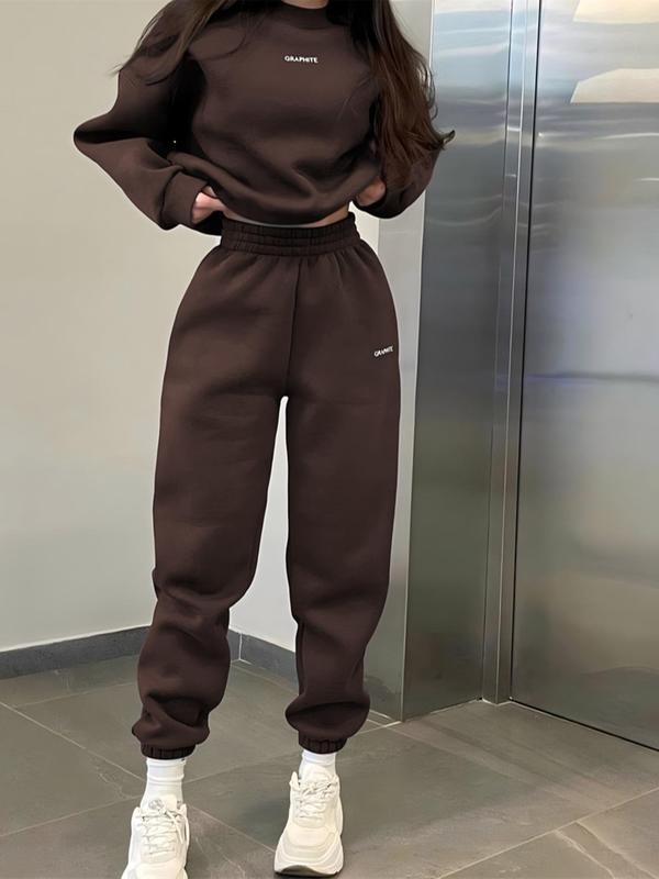 Two-Piece Set Women's Letter Print Drop Shoulder Sweatshirt & Elastic Waist Sweatpants, Round Neck Long Sleeve Pullover Leisure Wear Top & Pocket Jogger Pants, Ladies Two-piece Outfits for Fall & Winter Cute Going Out Tops