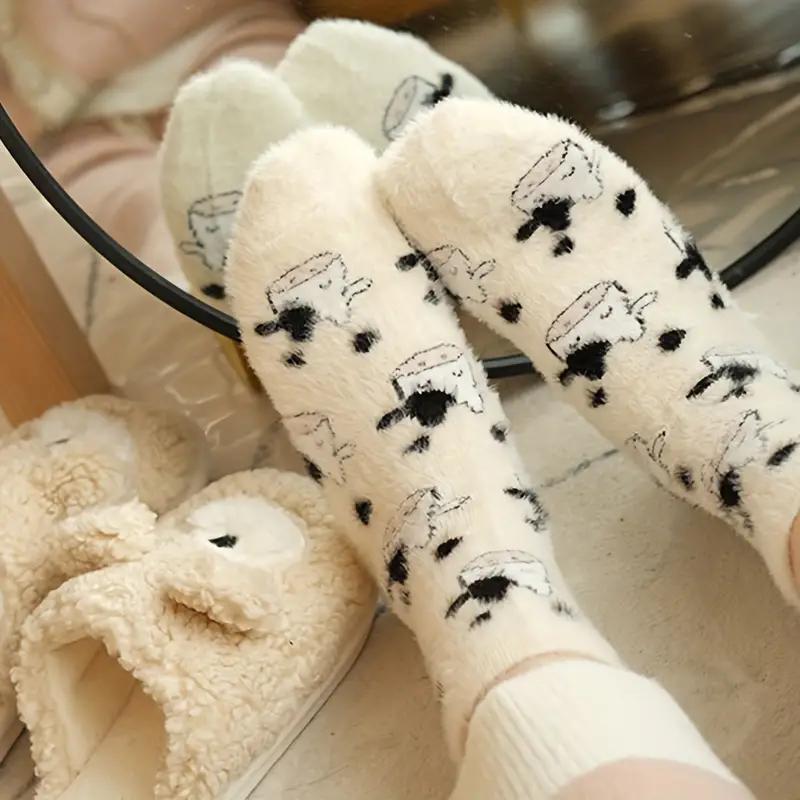 1 2 Pairs Cow Pattern Socks, Warm & Comfy Fluffy Slipper Floor Socks Women's Cow Stockings & Hosiery Womenswear Underwear Lady Comfort