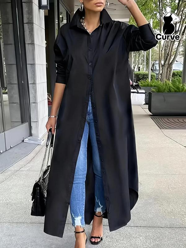 Plus Size Solid Color Asymmetrical Hem Button Front Long Sleeve Shirt Dress, Collared Button Up Long Dress for Spring Fall, Plus Clothes for Daily Wear