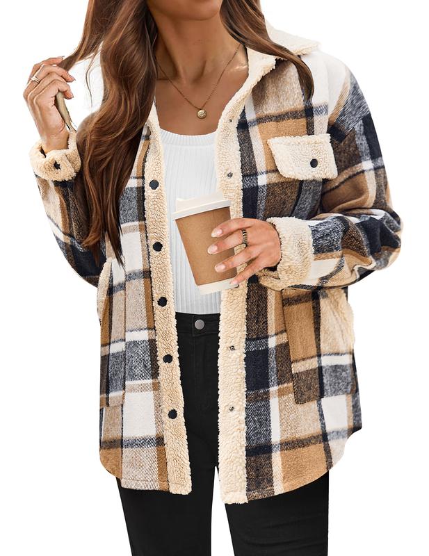 HOTOUCH Women's Plaid Printed Button Front Jacket,Fall and Winter Long Sleeve Pocket Jacket,Women's Everyday Jacket Comfort Womenswear Basic Coat