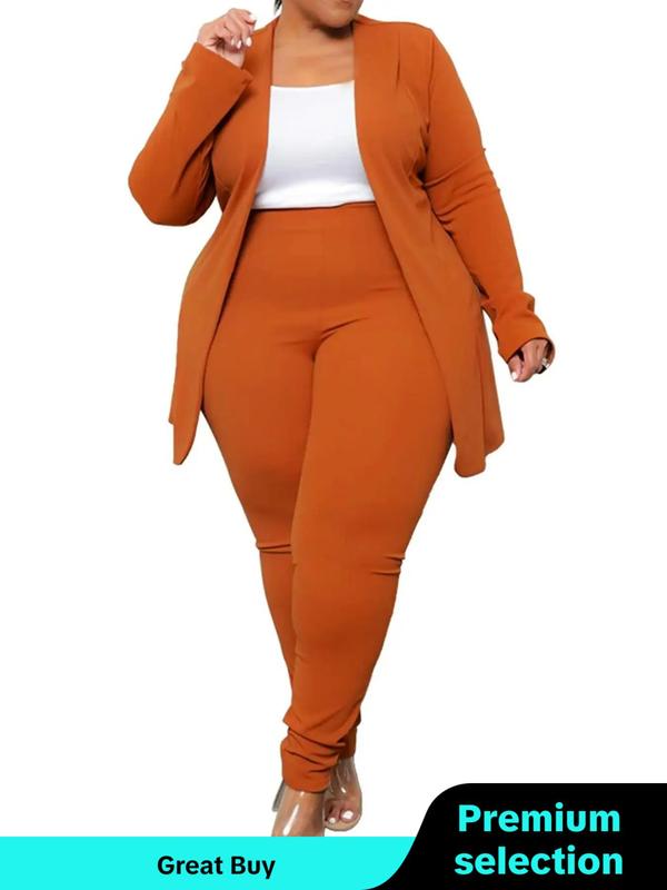  Solid Long Sleeve Coat & Elastic Waist Pants Set, Women's Clothing, Open Front Outerwear & High Waist Trousers Set, Summer Outfits 2024 Sets, Co-ord Sets for Women, Clothing