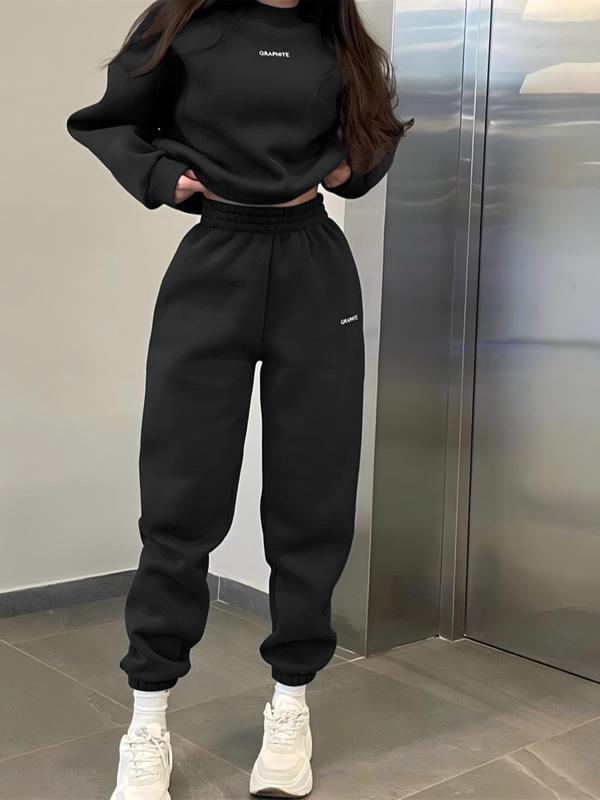 Two-Piece Set Women's Letter Print Drop Shoulder Sweatshirt & Elastic Waist Sweatpants, Round Neck Long Sleeve Pullover Leisure Wear Top & Pocket Jogger Pants, Ladies Two-piece Outfits for Fall & Winter Cute Going Out Tops