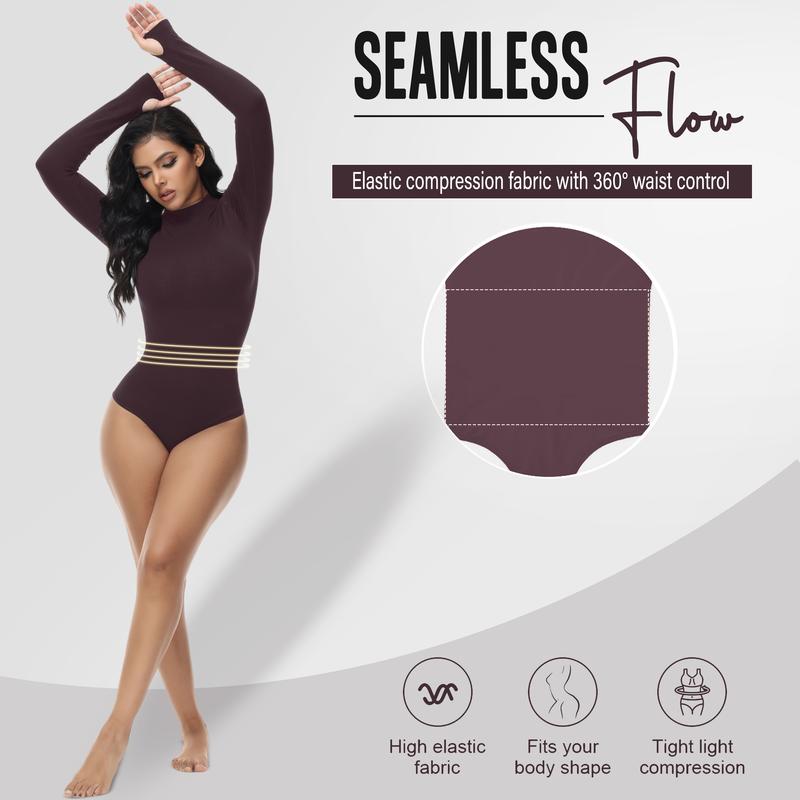 Soo slick Seamless Shapewear Bodysuit for Women -  Mock Neck Long Sleeve Thong Bodysuit Tops Womenswear Underwear Lady Comfort Longsleeves Basic Crewneck Minimalist