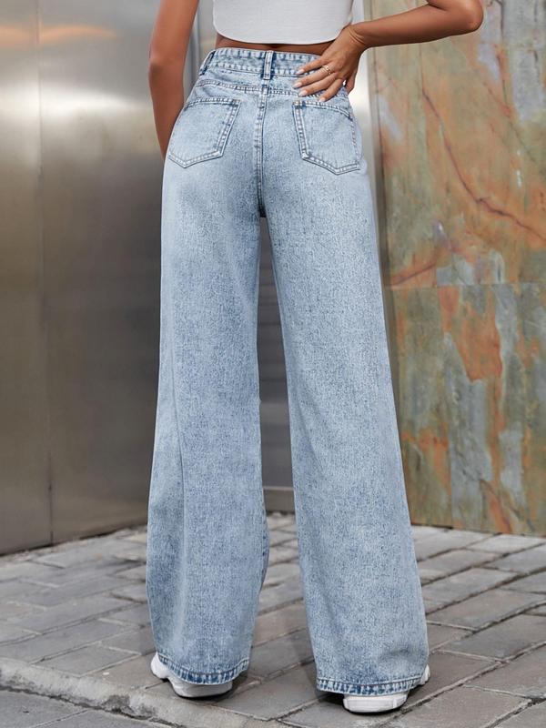 Women's Ripped High Waist Wide Leg Vintage Jeans, Street Pants Pocket Button Fly Baggy Denim Trousers, Fall Clothes, Ladies Bottoms for All Seasons