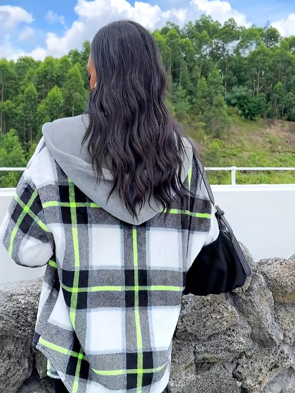 Women's Plaid Patchwork Print Button Front Drop Shoulder Flannel Jacket, Casual Curved Hem Long Sleeve Hooded Outerwear for Fall & Winter, Ladies Clothes for Daily Wear