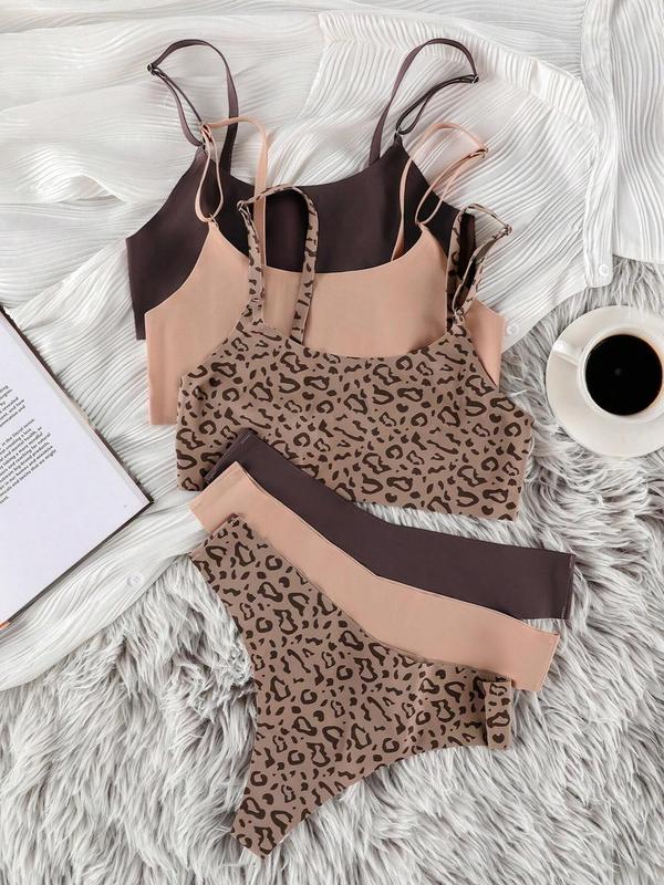 Women's Solid Wireless Bra & Leopard Print Thong Underwear Set, Adjustable Strap Bra & Panty Set, Soft Comfy Breathable Underwear Set for Women