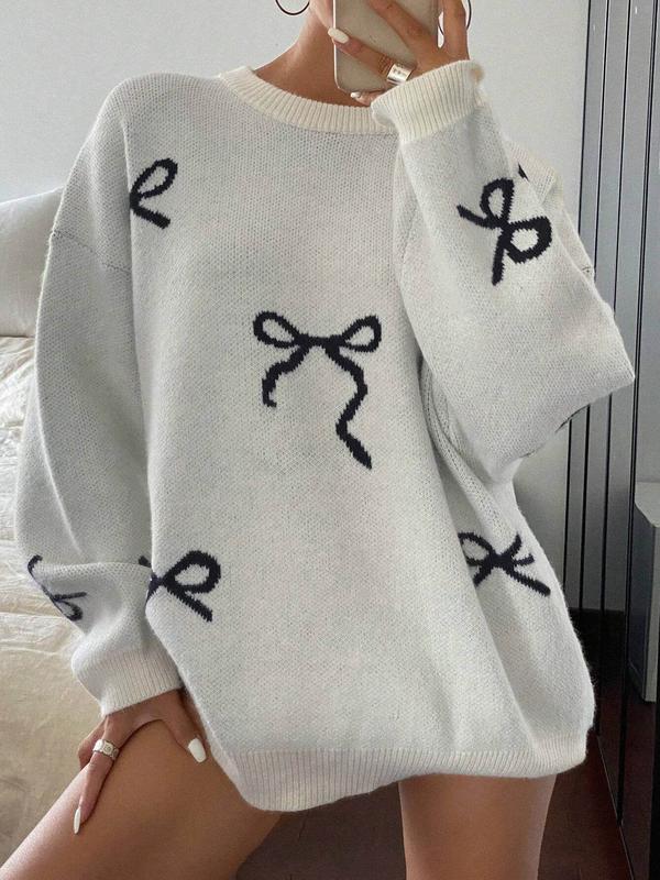 Women's Bow Print Crew Neck Sweater, Casual Long Sleeve Jumper for Fall & Winter, Fashion Ladies' Knitwear for Daily Wear