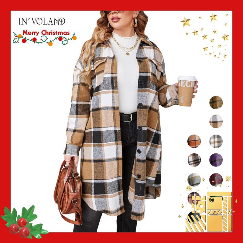 Tops Holiday haul  IN'VOLAND Womens Plus Size Flannel Plaid Shirts Long Sleeve Lounge Lapel Boyfriend Button Down Tartan Long Jacket Coats