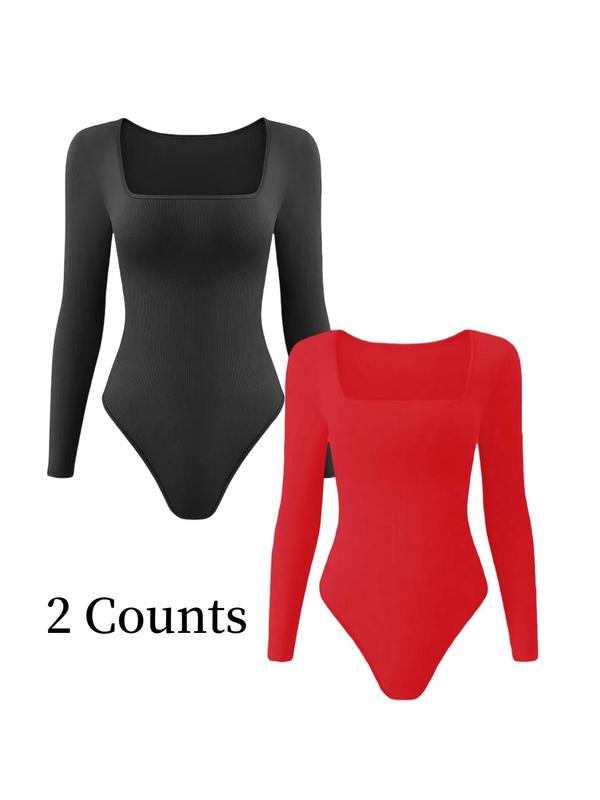 Women's Solid Square Neck Long Sleeve Shapewear Bodysuit, Fall Wear, Casual Comfy Tummy Control Butt Lift Shaper, Ladies Shapewear for Fall