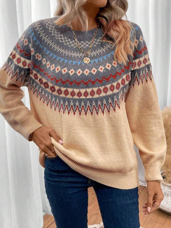 Women's Ethnic Pattern Raglan Sleeve Sweater Pullover, Casual Long Sleeve Round Neck Jumper for Fall & Winter, Fashion Ladies' Knitwear for Daily Wear