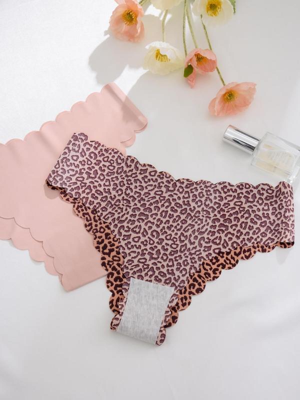 Women's Leopard Print & Solid Color Scallop Trim Panty, Soft Comfy Breathable Drop Waist Knicker for Daily Wear, Ladies Underwear for All Seasons