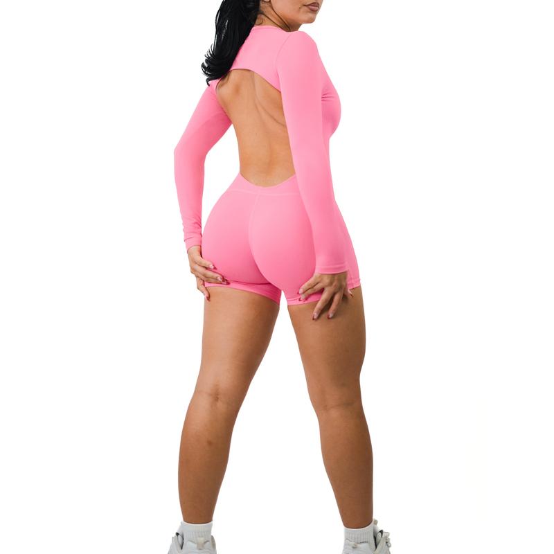 Backless Long Sleeve Short Romper (Pink Dream)