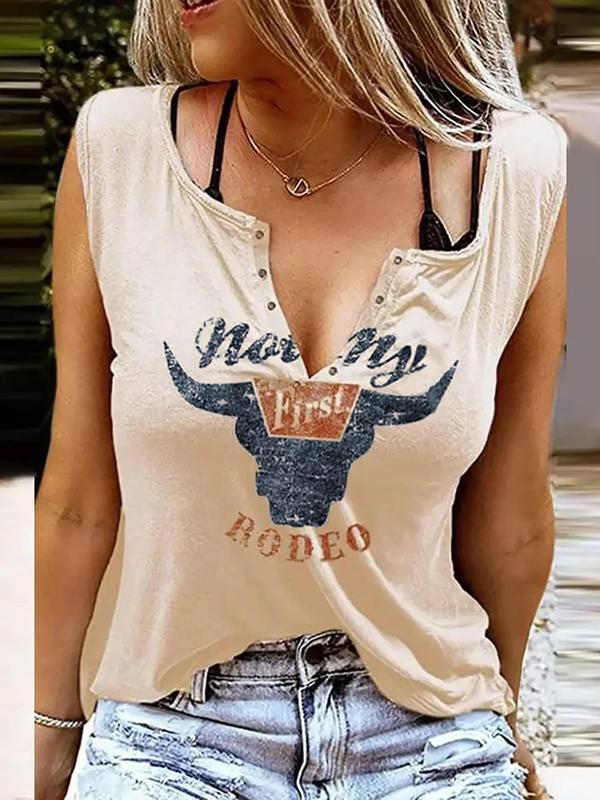 Women's Bull Head & Letter Print Notched Neck Tank Top, Casual Button Sleeveless Top for Summer, Ladies Clothes for Daily Wear