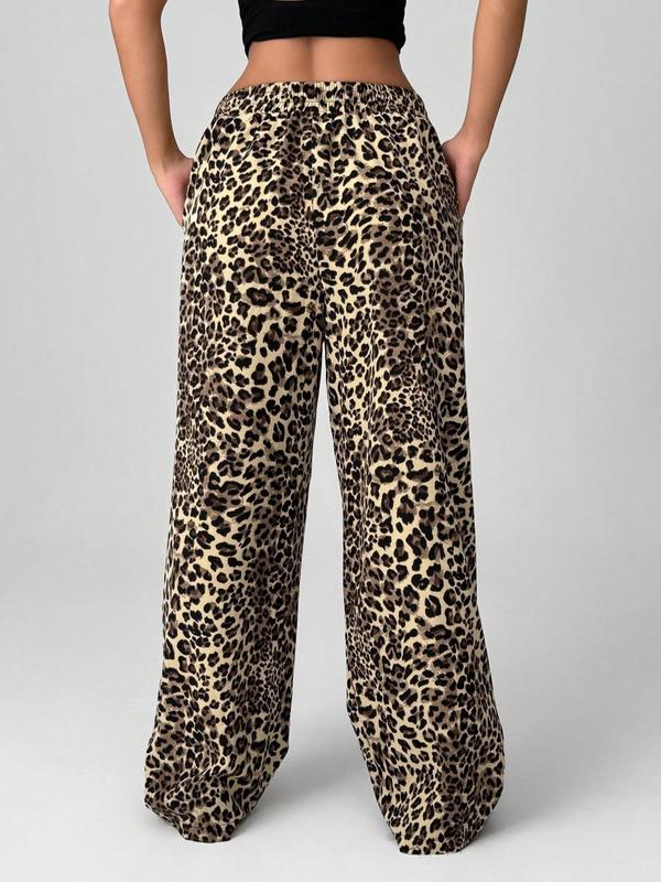 Women's Leopard Print Pocket Straight Leg Sweatpants, Casual Comfy Trousers for Daily Wear, Ladies Bottoms for Fall & Winter