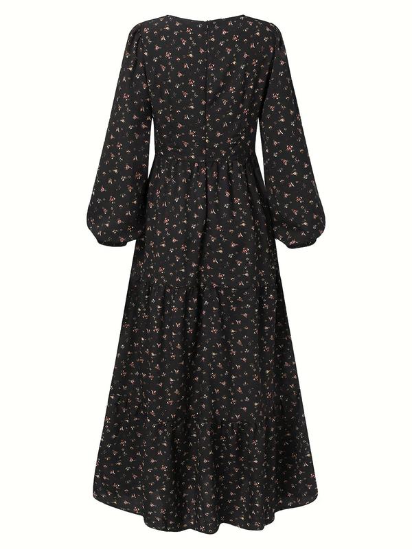 Women's Ditsy Floral Print Bishop Sleeve Vintage A Line Dress, Boho Romantic V Neck Long Sundress for Vacation Holiday Daily Wear, Fall Clothes, Dresses for Women, Summer Dresses 2024, Ladies Clothes Casual