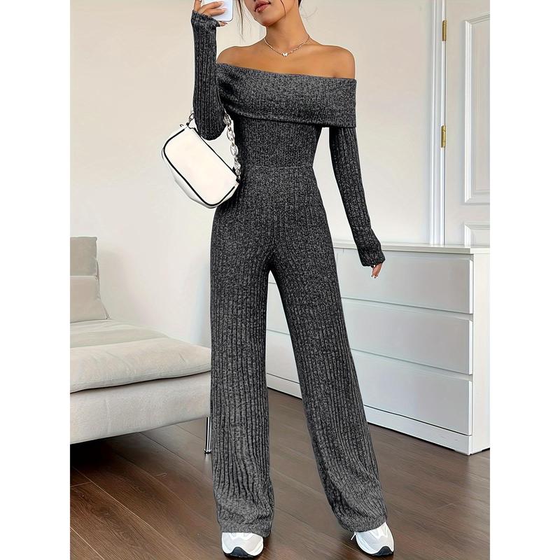 Ribbed Off Shoulder Jumpsuit, Casual Long Sleeve Jumpsuit For Spring & Fall, Women's Clothing