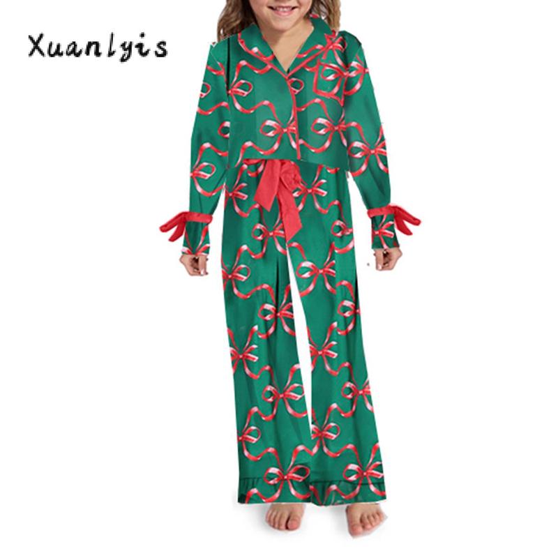 Women Pajamas Bow Print Lape Long Sleeve Button Down Tops and Drawstring Pants Sleepwear Loungewear Womenswear