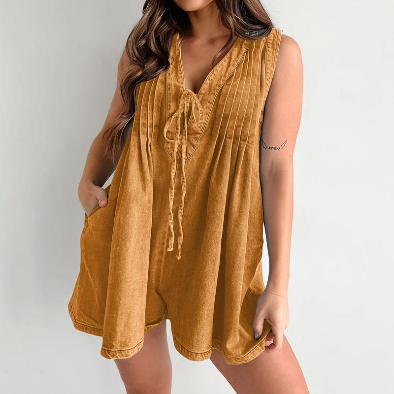 Women's Demin Tank Top Jumpsuit Loose Pleated Tie Front V Neck Sleeveless Shorts Romper with Pockets for Summer