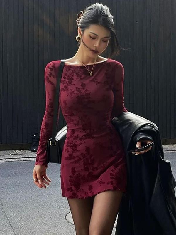 Women's Floral Print Lettuce Trim Bodycon Dress, Elegant Boat Neck Long Sleeve Mini Dress for Party Club Dating Wear, Women's Clothing for Fall & Winter