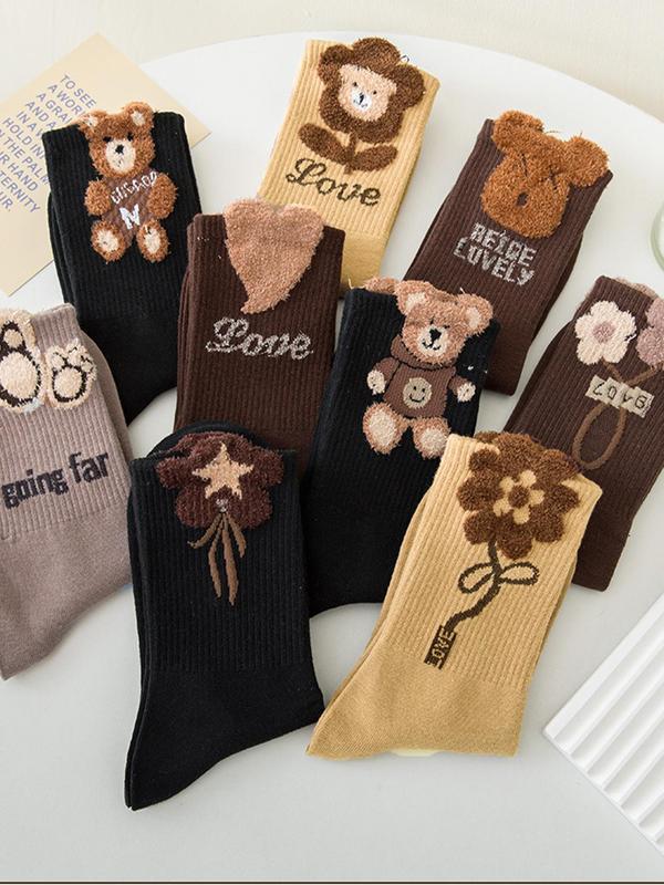 Women's Cartoon Bear & Floral Print Crew Socks, Casual Soft Comfy Breathable Mid-calf Socks for Daily Wear, Women's Socks for All Seasons