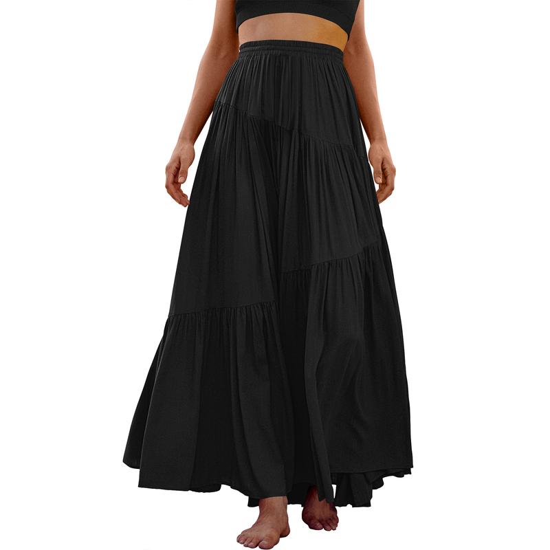 ANRABESS Women’s Boho Elastic High Waist Pleated A-Line Flowy Swing Asymmetric Tiered Maxi Long Skirt Dress with Pockets