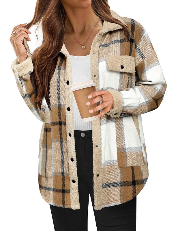 HOTOUCH Women's Plaid Printed Button Front Jacket,Fall and Winter Long Sleeve Pocket Jacket,Women's Everyday Jacket Comfort Womenswear Basic Coat