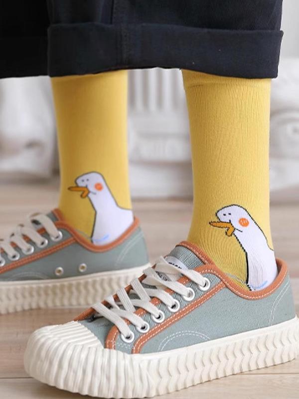 Women's Cartoon Goose Print Crew Socks, Cute Comfy Breathable Mid-calf Socks for Daily Wear, Multipack Knit Socks for All Seasons