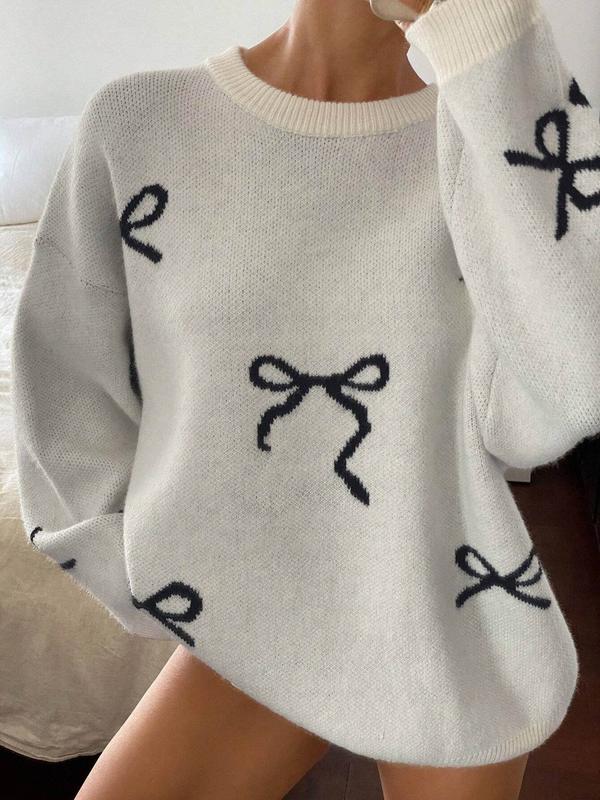 Women's Bow Print Crew Neck Sweater, Casual Long Sleeve Jumper for Fall & Winter, Fashion Ladies' Knitwear for Daily Wear