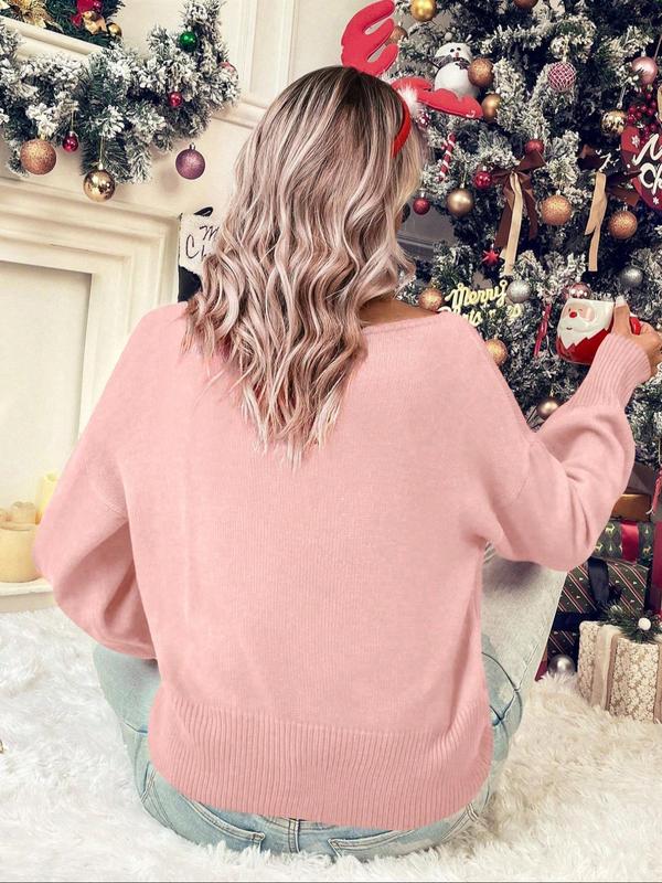 Plus Size Christmas Letter Patched Drop Shoulder Sweater, Casual Long Sleeve Round Neck Jumper for Daily Outdoor Wear, Women Plus Clothing for Fall & Winter