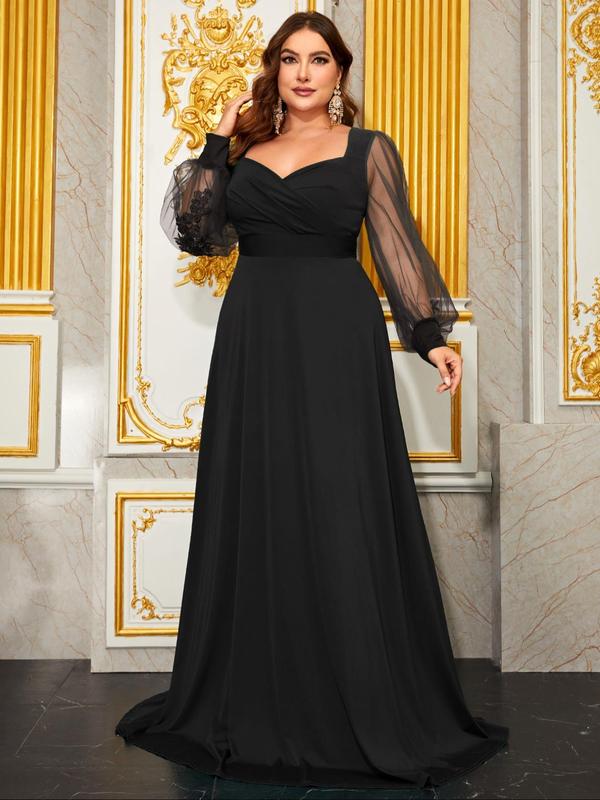  Floral Embroidery Contrast Mesh Ruched Wrap Sheer Bishop Sleeve Evening Dress, Elegant Sweetheart Neck Long Sleeve Maxi Evening Party Gown, Women's Clothes for Fall