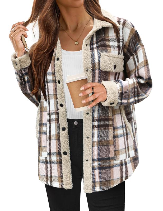 HOTOUCH Women's Plaid Printed Button Front Jacket,Fall and Winter Long Sleeve Pocket Jacket,Women's Everyday Jacket Comfort Womenswear Basic Coat