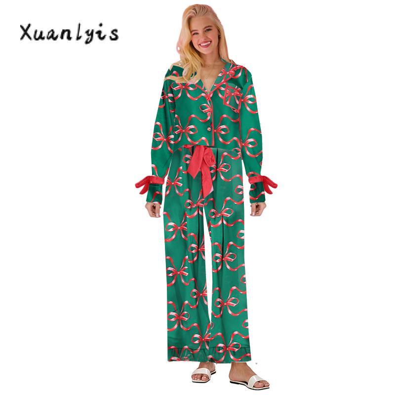 Women Pajamas Bow Print Lape Long Sleeve Button Down Tops and Drawstring Pants Sleepwear Loungewear Womenswear