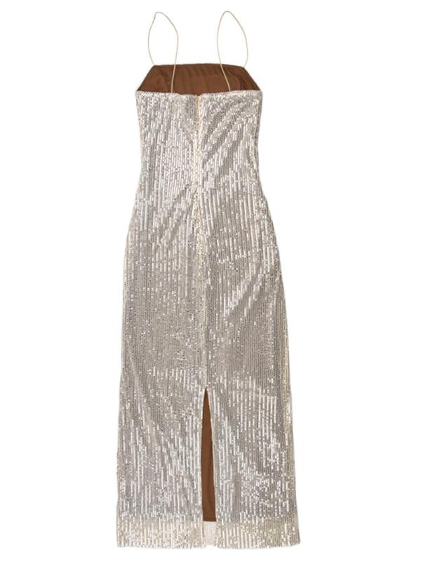 Women's Glitter Sequin Split Hem Long Cami Dress, Elegant Sparkly Sleeveless Spaghetti Strap Bodycon Dress for Evening Party, Ladies Summer Clothes