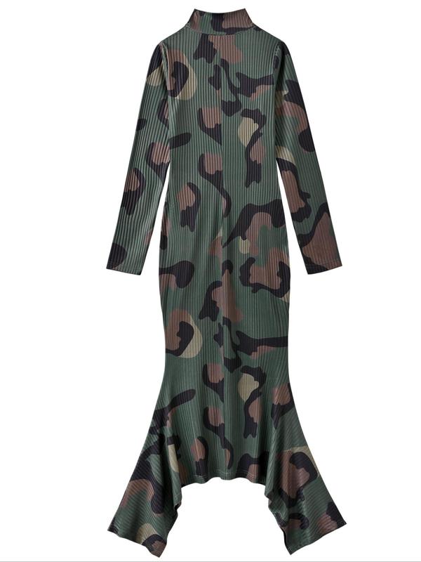 Women's Camo Print Asymmetrical Mock Neck Bodycon Dress, Elegant Fashion Long Sleeve Dress for Daily Outdoor Wear, Ladies Spring & Fall Clothes