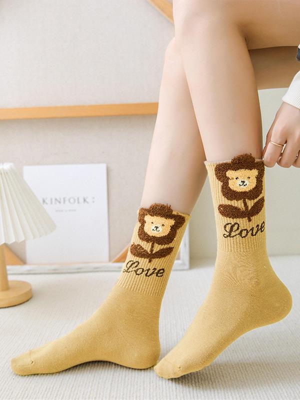 Women's Cartoon Bear & Floral Print Crew Socks, Casual Soft Comfy Breathable Mid-calf Socks for Daily Wear, Women's Socks for All Seasons