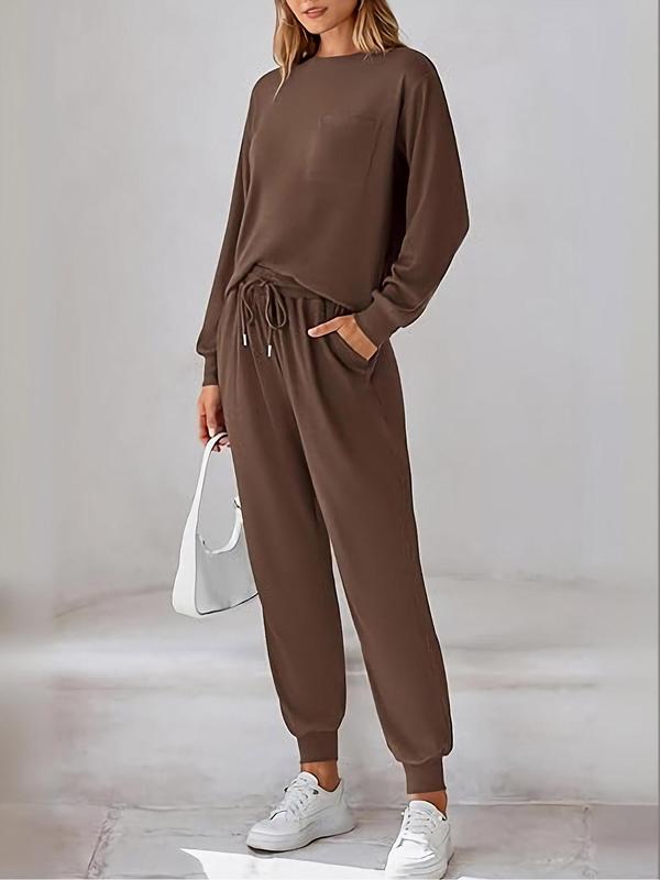 Women's Plain Long Sleeve Tee & Drawstring Waist Pants Set, Casual Round Neck Top & Trousers 2-piece Set for Fall & Winter,  Pants Suit Sets for Women, Women's Clothes for Daily Wear