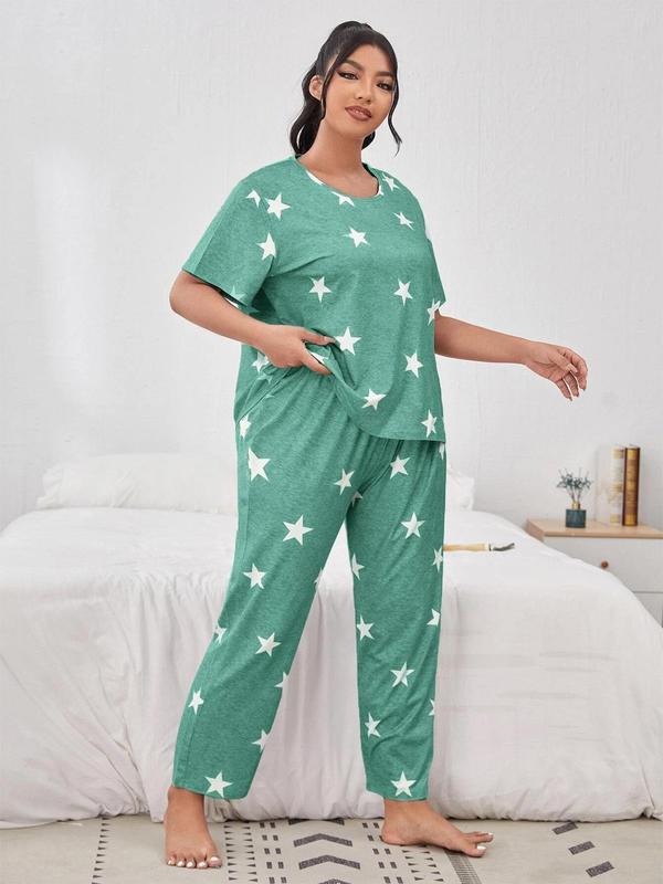 Plus Size Star Print Tee & Elastic Waist Pants Pyjama Set, Casual Comfy Round Neck Short Sleeve T-shirt & Trousers PJ Set, Women's Sleepwear for All Seasons