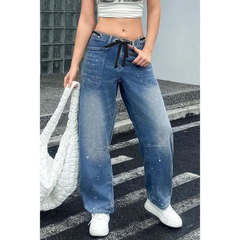 Goranbon Womens Baggy Barrel Horseshoe Jeans Wide Leg Drawstring Vintage Denim Pants with Front Pockets