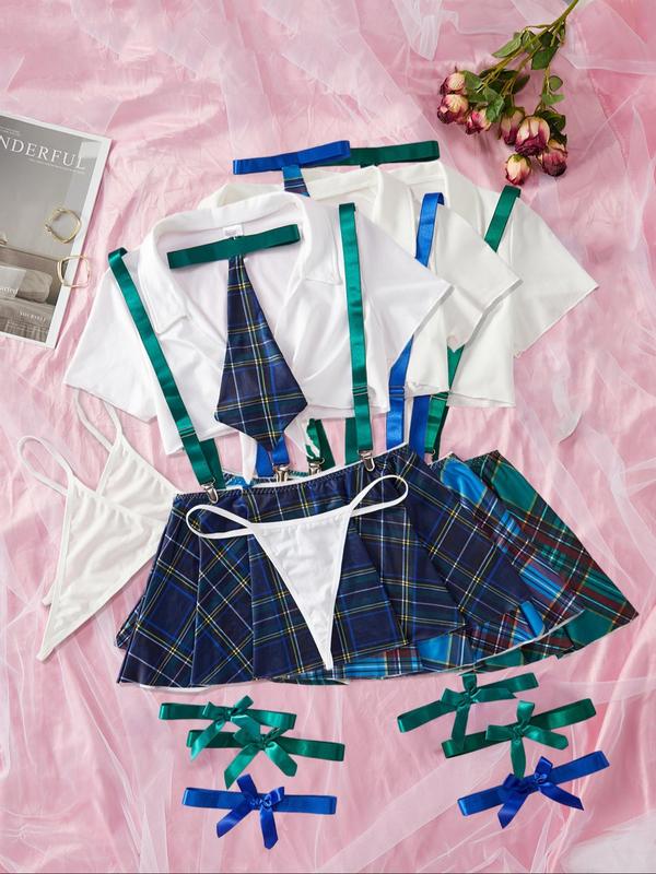 Women's Sexy Plaid Print Costume Set, Summer Clothes Women, Plain Collared Crop Top & Plaid Print Suspender Skirt & & Thong & Tie & Thigh Bands Set, Women's Lingerie & Underwear for Vacation Party Cospiay Back To School