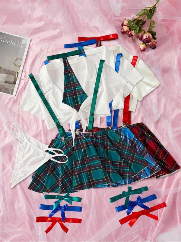 Women's Sexy Plaid Print Costume Set, Summer Clothes Women, Plain Collared Crop Top & Plaid Print Suspender Skirt & & Thong & Tie & Thigh Bands Set, Women's Lingerie & Underwear for Vacation Party Cospiay Back To School