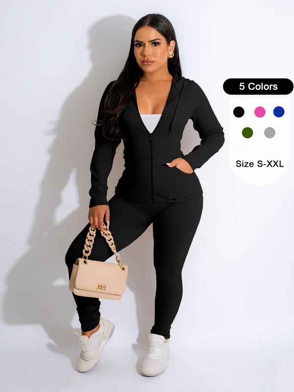 Two-piece Set Women's Solid Zip Up Drawstring Waist Pants Set, Long Sleeve Pocket Hoodie & Trousers, Lady Casual Clothes for Yoga Gym Workout Running Back To School, Two Piece Set Women, Cute Gym Clothes