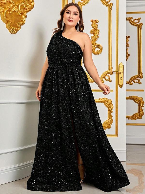 Womenswear Plus Size Split Thigh One Shoulder Sequins Evening Dress, Elegant Asymmetrical Neck Sleeveless Fit & Flare Dress for Party Banquet, Holiday Dress, Women's Clothes for All Seasons, Elegant Formal Dresses, Plus Size Dresses, Birthday Dresses 2024