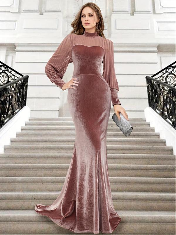 Women's Contrast Mesh Bishop Sleeve Mermaid Evening Dress, Elegant Mock Neck Long Sleeve Evening Party Gown, Ladies Spring & Fall Clothes