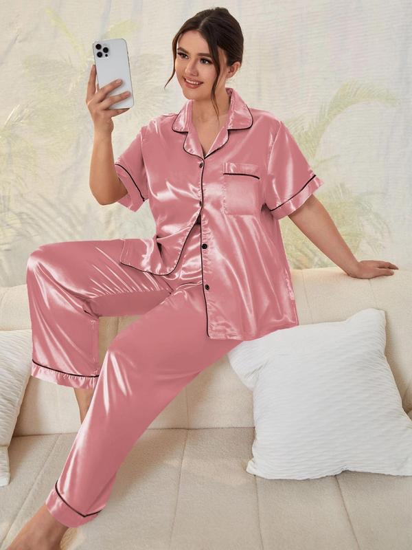 Plus Size Collared Button Front Satin Pyjama Set, Short Sleeve Pocket Top & Trousers Pj Set, Women's Two-piece Sleepwear Set for Summer