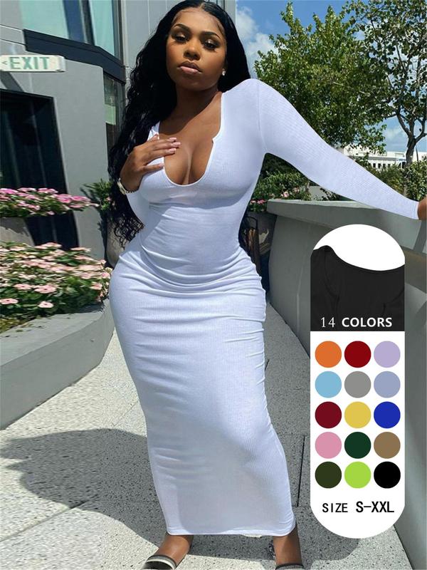 Women's Solid Notched Neck Bodycon Dress, Casual Long Sleeve Long Dress for Spring & Fall, Ladies Clothes for Daily Wear