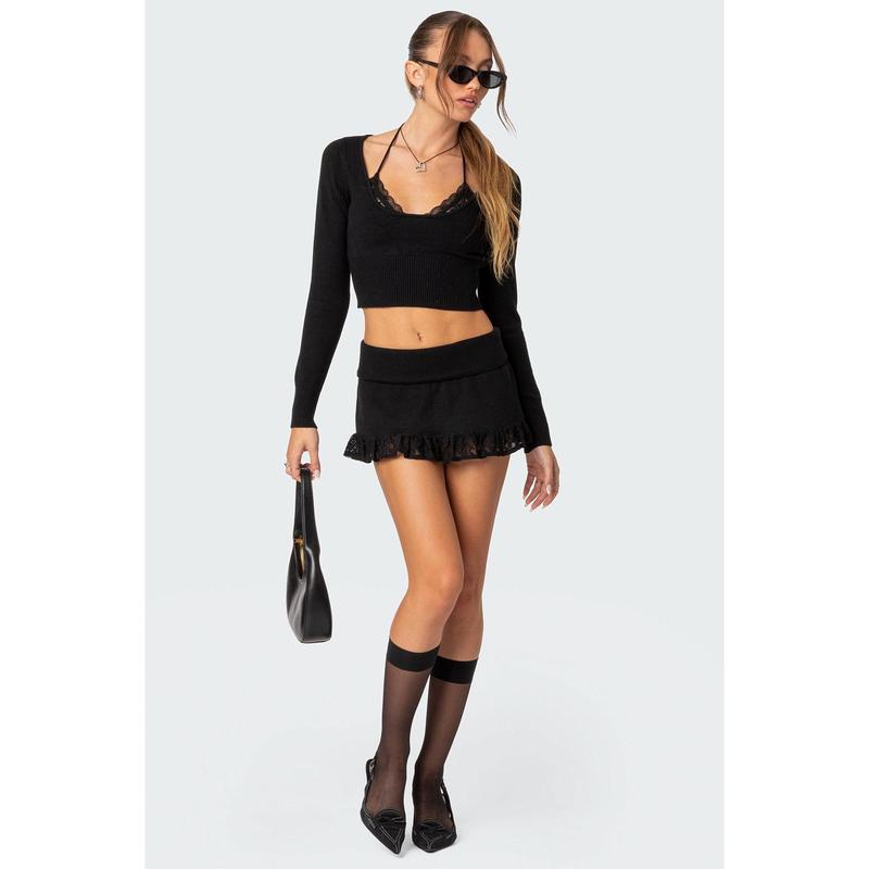 Lace Ruffle Knit Mini Skirt