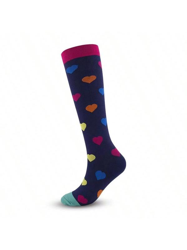 Women's Heart & Polka Dot Print Over The Calf Socks, Breathable Comfortable Compression Socks For Daily Outdoor Wear, Socks For Women & Girls