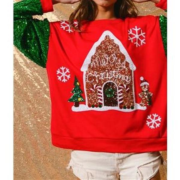 Women Christmas Sparkly Sequin Print Shirt   Christmas Sparkly Sequin Print Shirt  Women Cute Sweatshirt Crewneck Long Sleeve Pullover Sweatshirts Tops Christmas Decorations（Santa Claus  Christmas Tree   Christmas House） christmas sweatshirt