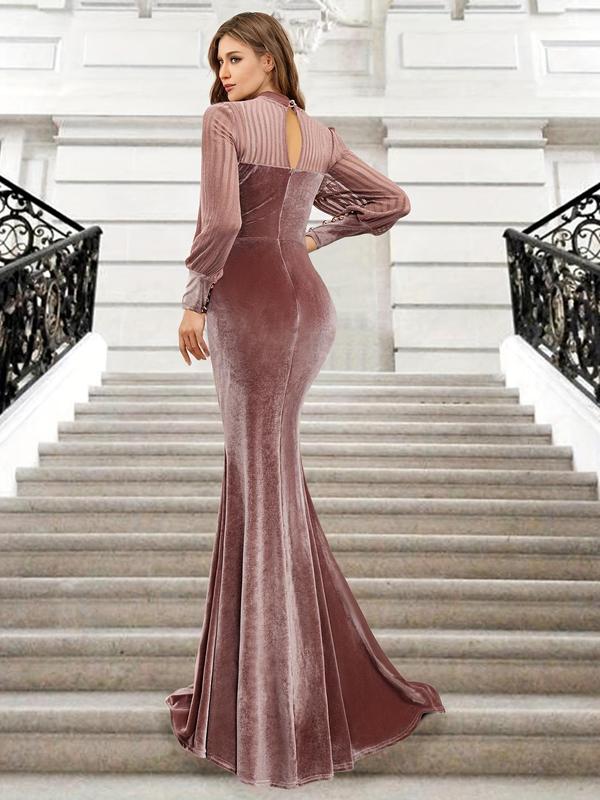 Women's Contrast Mesh Bishop Sleeve Mermaid Evening Dress, Elegant Mock Neck Long Sleeve Evening Party Gown, Ladies Spring & Fall Clothes